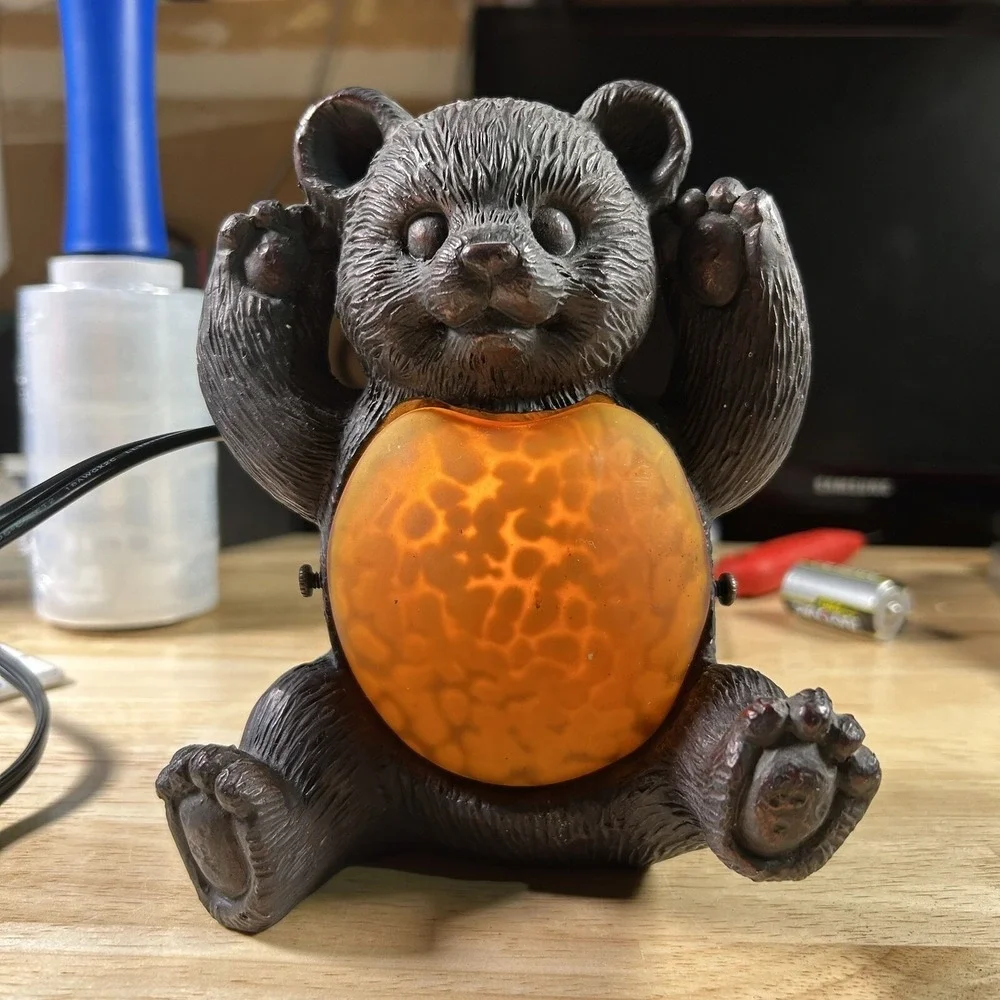Vintage Resin Black Bear Accent Lamp with Amber Mottled Glass Belly Night Light